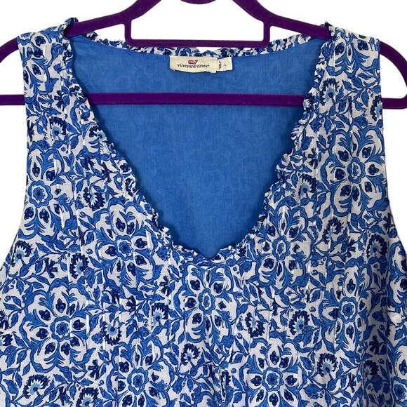 Vineyard Vines Sz L Katama Tile Blue Scarf Pintuck Top Blouse Coastal Boho - Picture 3 of 16